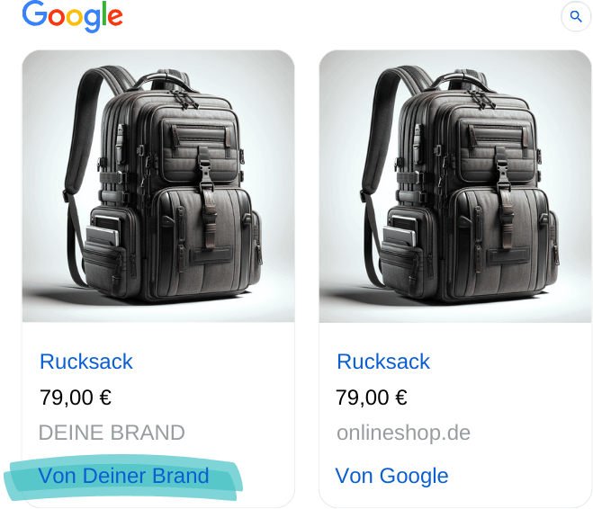 Google Shopping Ad-Beispiel mit Rucksack "Von Deiner Brand"