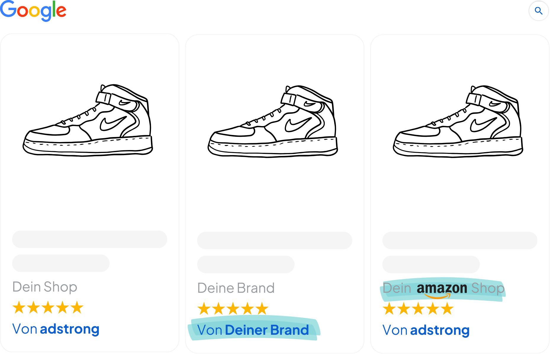 Google Shopping Ad Beispiele mit Laufschuh, adstrong, Deine Brand, Amazon