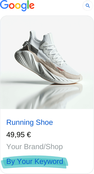 Google Shopping Ad example with Running Shoe "By Your Keyword"