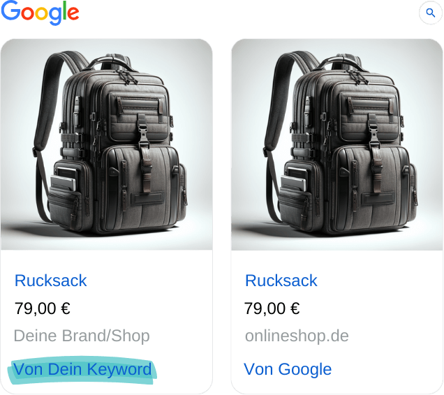 Google Shopping Ad-Beispiel mit Rucksack "Von Dein Keyword"