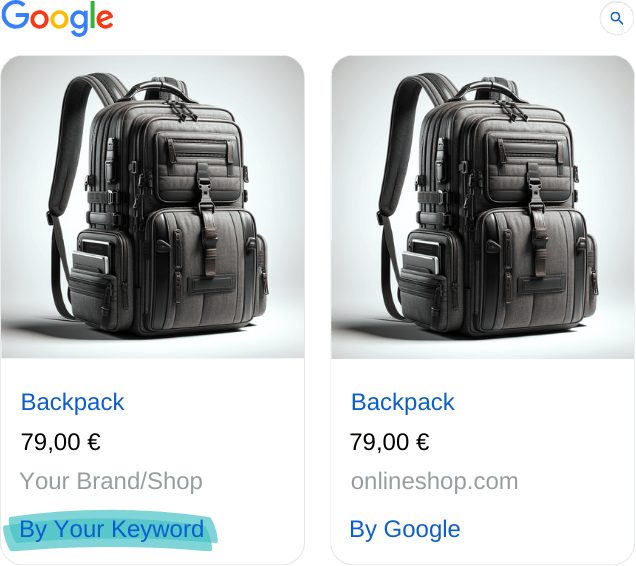 Google Shopping Ad example with Backpack "By Your Keyword"